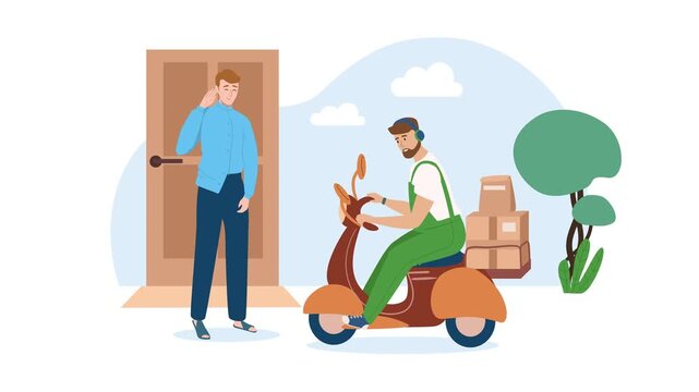 Flat vector animation of courier delivering parcel to customer at door
