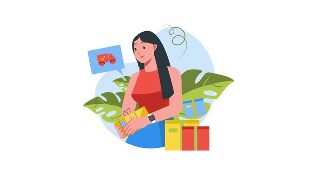Animated woman holding parcel with shipping boxes and online delivery icon