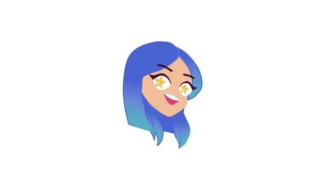 Animated blue-haired girl with star eyes smiling on white background