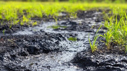 Fototapeta premium Muddy agricultural field with affected crops and visible chemical runoff under natural daylight