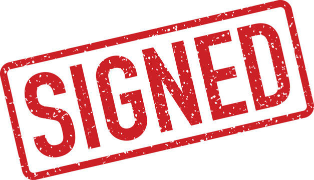 A red rectangular rubber stamp displays the word SIGNED prominently on a plain white background