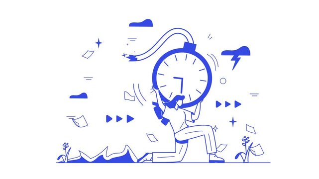Deadline stress animation with kneeling worker holding giant clock