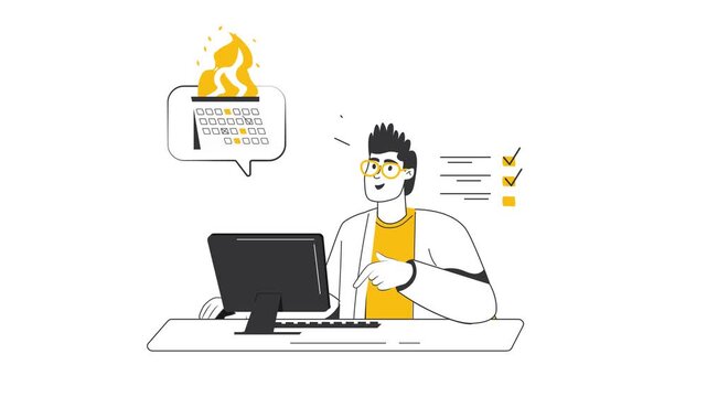 Stressed office worker at computer with burning calendar animation