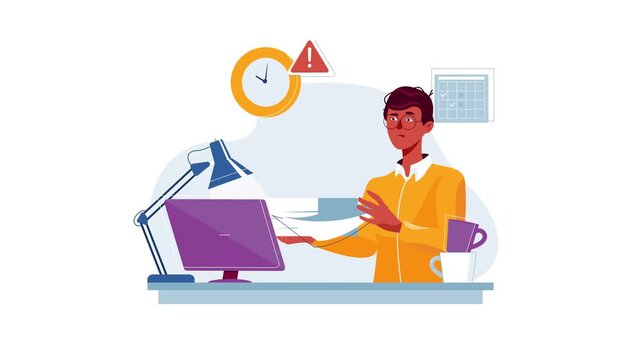 Animated stressed office worker juggling deadlines at cluttered desk
