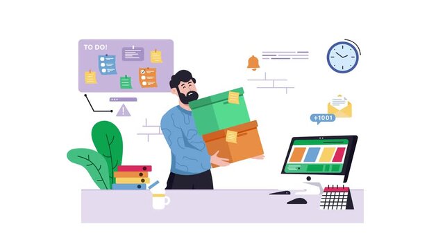 Stressed office worker juggling tasks and deadlines in animated scene