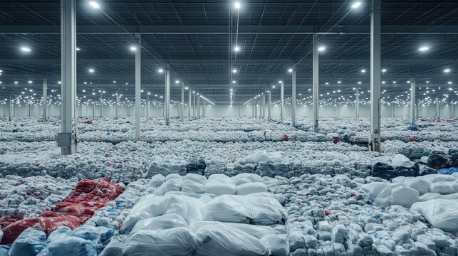 Vast retail warehouse filled with mountains of unsold goods illustrating consumerism and overproduction