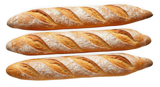Three fresh baguettes isolated on transparent background