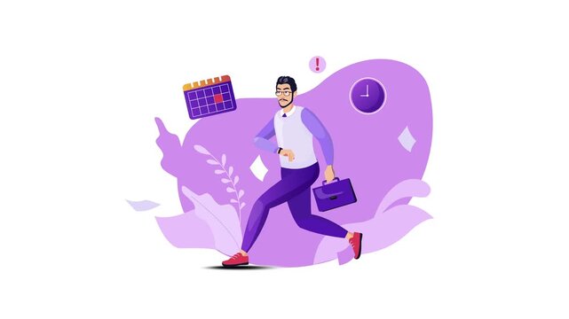 Animated businessman rushing to meet deadline with calendar and clock