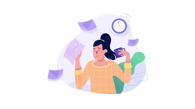 Stressed woman juggling paperwork and deadlines in flat animation