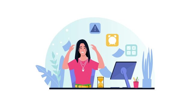 Stressed woman at office desk with computer and alarm clock animation