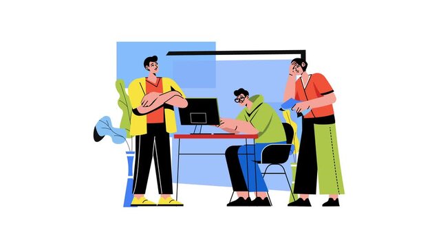 Animated office team discussing deadline at computer workstation