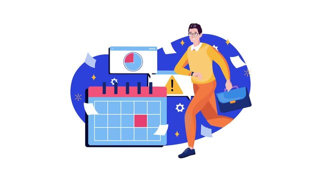 Animated businessman rushing past calendar with deadline warning icons