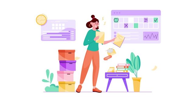 Animated overwhelmed woman multitasking with paperwork and deadlines in office