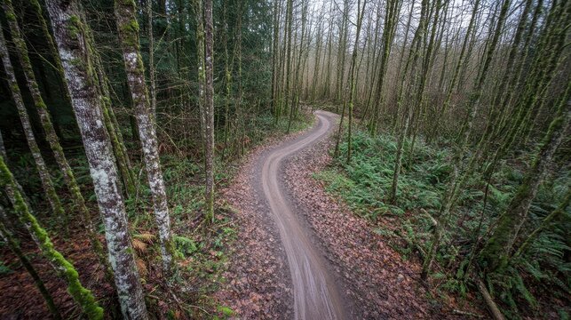 Winding dirt trail through a dense forest with fallen leaves and towering trees, perfect for mountain biking.