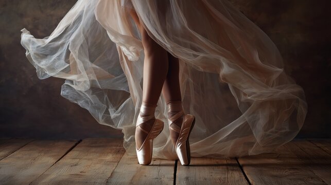 ballerina feet in pointe shoes with flowing fabric moody dance studio