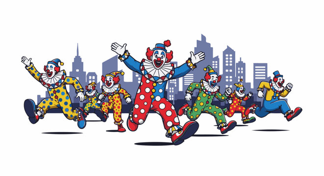 Diverse clowns in colorful outfits run across a city skyline