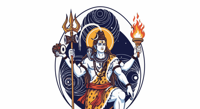 Divine figure with multiple arms, holding trident, drum, and torch