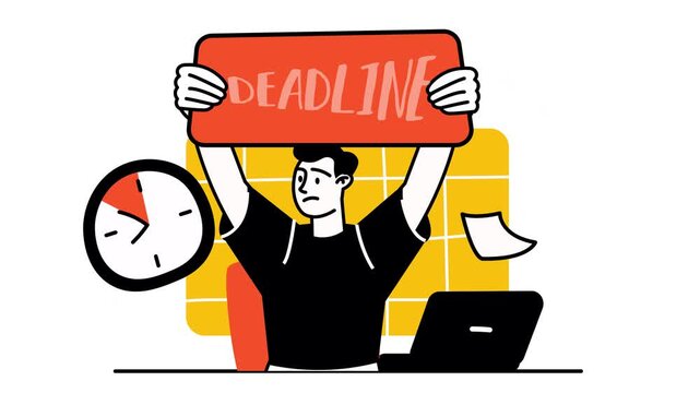 Animated overworked freelancer holding deadline sign beside laptop