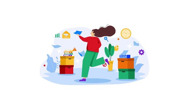 Animated woman multitasking with office icons, email and deadlines
