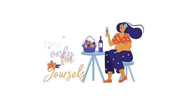 Woman enjoying wine and flowers in animated happiness quote illustration