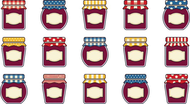 Jam Jar Vector Set with Different Lid Patterns and Blank Labels for Homemade Preserves Packaging, Food Branding, Sticker Design, and Kitchen Illustration Collection