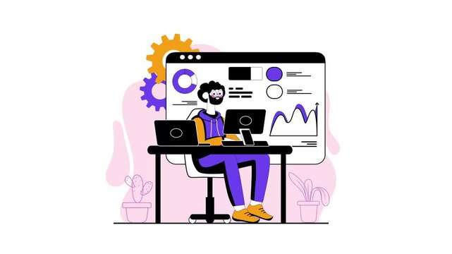 Animated data analyst working at desk with analytics dashboard and charts