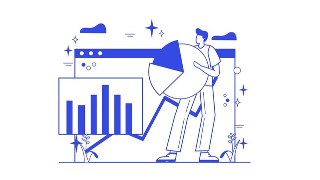Animated business analyst presenting bar charts and pie graph report