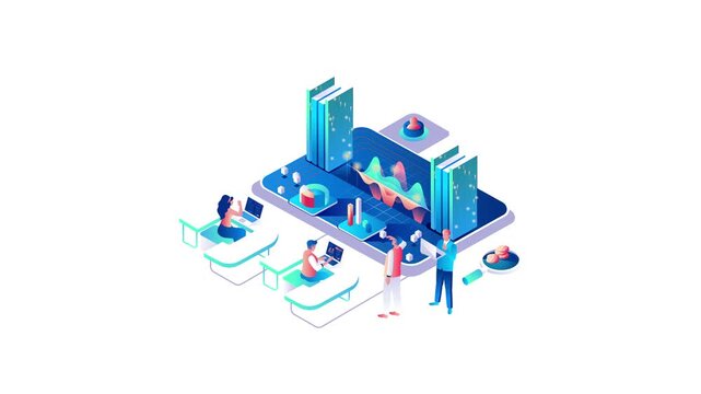 Isometric business team analyzing data dashboard with charts animation