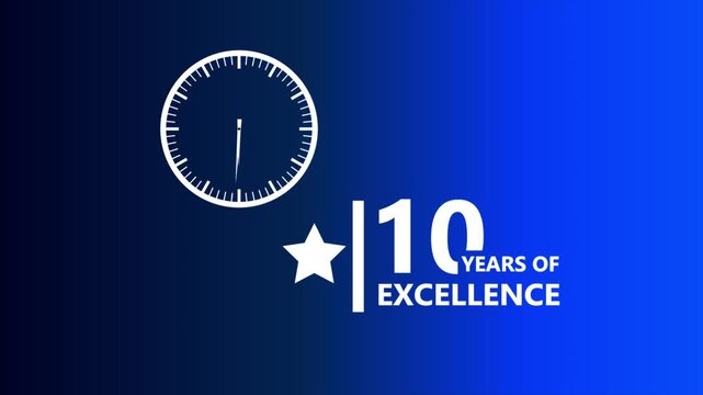 10 anniversary blue gradient badge with clock icon and star symbol representing corporate milestone achievement clean modern professional branding design 4k visuals