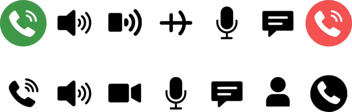 Communication and media icons including phone call video call microphone and chat phone call icon green phone icon