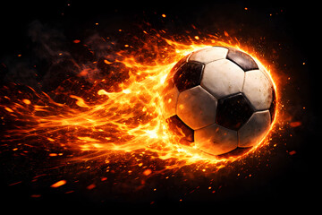 Fototapeta premium Fiery soccer ball ablaze with intense flames against a dark background