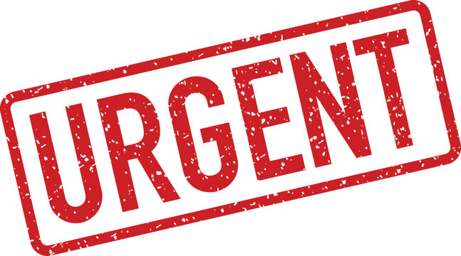 Prominent red rubber stamp with a grunge texture displaying the important word URGENT on white