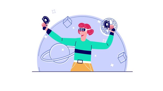Animated woman using VR headset and controllers in futuristic world