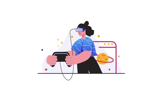 Animated woman using VR headset and controller in futuristic space scene
