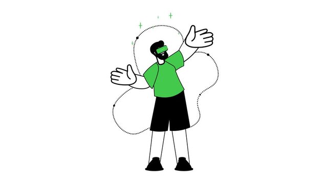 Animated man with VR headset and open arms on white background