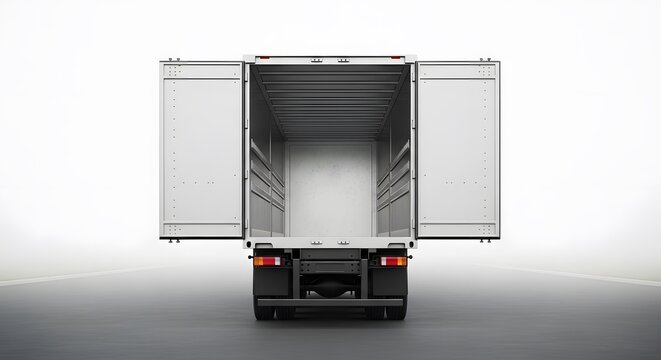 Internal view of a large commercial delivery truck with open rear doors. High-quality 3D render of an empty cargo container for transport, storage, and moving services concepts
