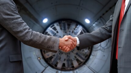 Fototapeta premium Handshake between a businessman and a geologist. Concept of tunnel boring machine.