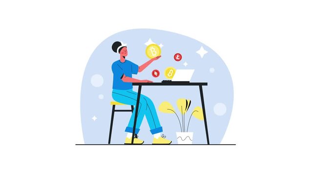 Woman trading cryptocurrency at laptop in flat vector animation
