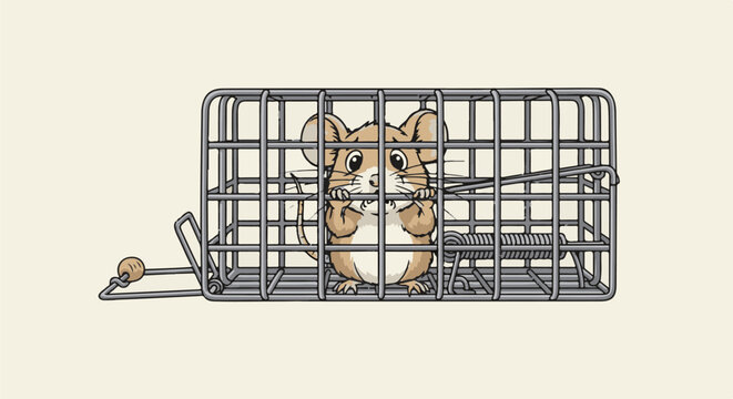 Cartoon mouse trapped inside a metal cage with a spring mechanism