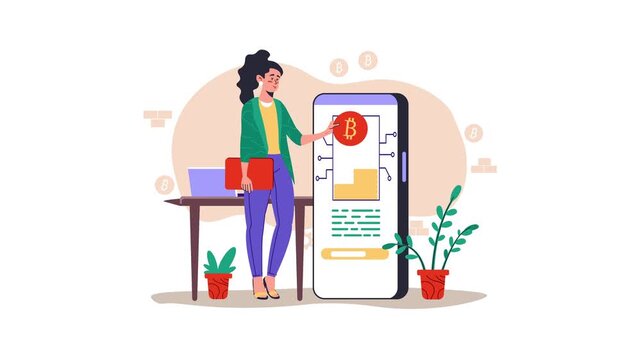 Animated woman using bitcoin mobile app in cryptocurrency concept