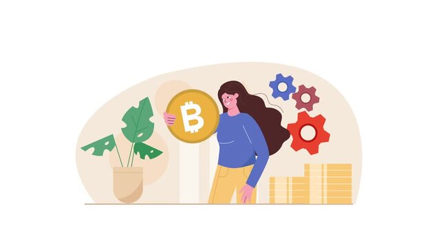 Animated woman holding bitcoin coin with gears and money stacks illustration