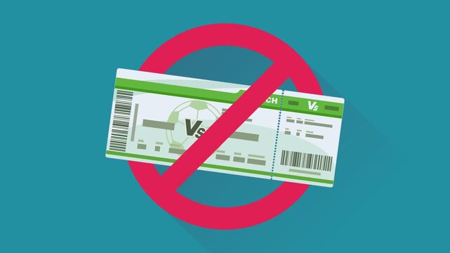 Football ticket and prohibition sign appearing and disappearing representing illegal resale or event cancellation. (loopable,flat design)