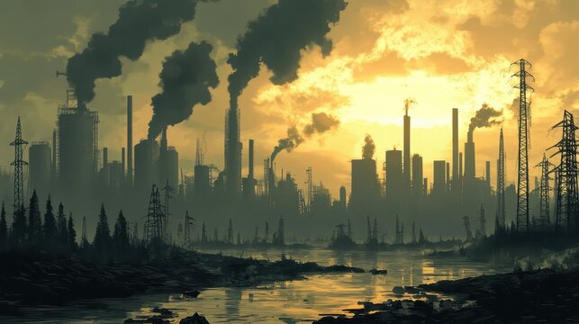 Industrial pollution choking a wetland landscape under an overcast, hazy sky