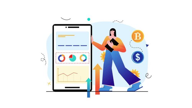 Animated fintech illustration of woman with analytics dashboard and crypto