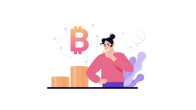 Animated cryptocurrency investor thinking beside bitcoin and ethereum stacks