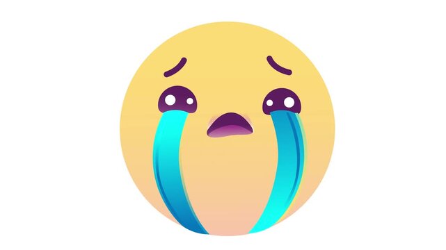 Crying sad emoji animation with tears on isolated white background