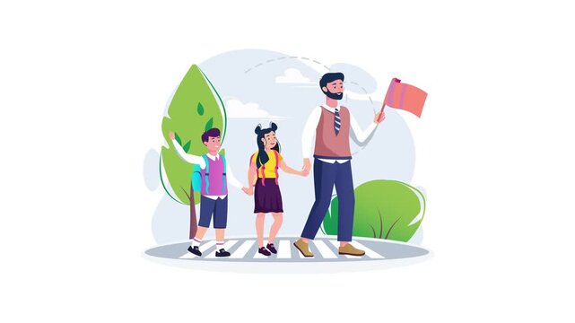 Animated father and children crossing street in park vector illustration