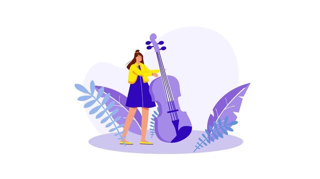 Animated woman playing double bass in abstract purple music scene