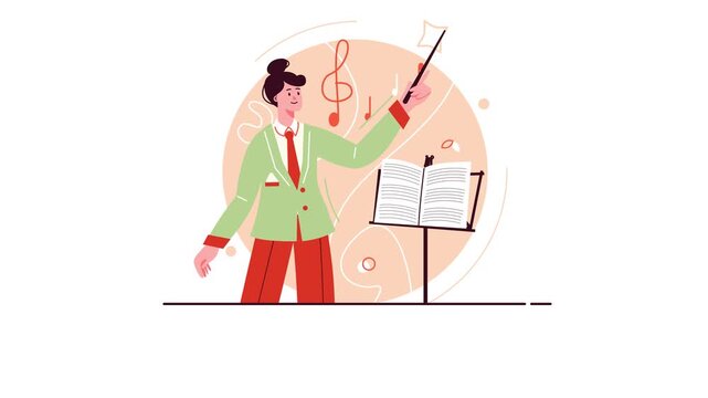 Animated female music conductor leading performance with baton and score