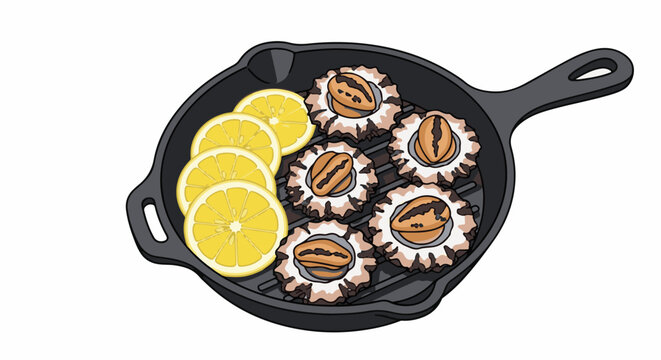 Grilled sea urchins and lemon slices in a cast iron skillet